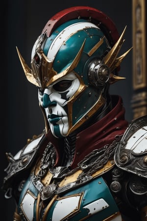 3D rendering masterpiece, upper body of a caracter represesenting a mighty style harlequin eldar male robot with a high surreal white mask, (surrealistic big stylized full metal helm that resembles the shape of a jester's hat), mantle, bolts and iron chains. (Majestic pose:1.4), (hieratic expression:1.6), emerging from the darkness in the style of Caravaggio. (Red), teal, (yellow), white forming perfect stripes ornamental patterns on a (rusted:0.8) armor. Matte surfaces. Side light, UHD, high resolution, 8k, black gothic cathedral interior background, warm golden light 