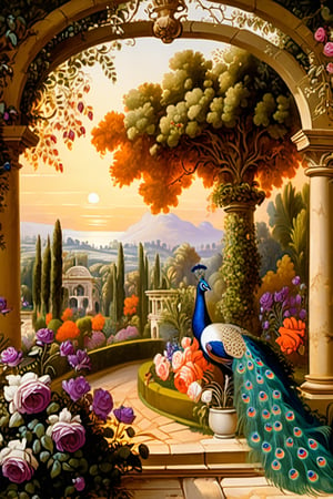 An ultra higly detailed ancient greenery garden with sumptuous masterpieces of topiary art. A masterpiece painted by Claude Lorrain, highly detailed leaves, purple flowers, red and orange roses and a (white peacock:1.4) at the center of the scene. Golden hour, romantic landscape,  Architectural100, on parchment