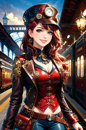 Very beautiful girl with a steampunk leather jacket, red waistcoat and hat, intricately detailed brass accessories. Masterpiece, illustration, extremely detailed, warmly smile, bright colors, dark light, railway station on background 