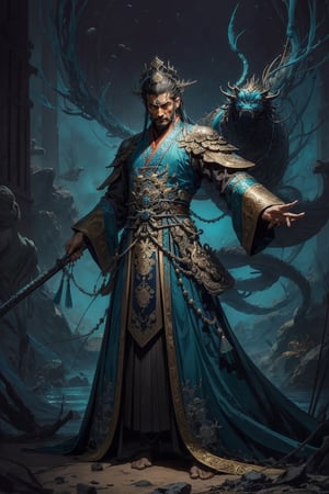 Full body shot of a character standing in majestic pose, realistic representation of a fantasy chinese emperor, with the most sumptuous wedding hanfu suit made of dark blue silk and richly embroidered with gold and silver threads, intricately carved golden badges and tassels. Under the sea background, magic circles. Art by Yoshitaka Amano, Huang Guangjian, Zhong Fenghua, stunning interpretive visual, gothic regal, colorful, realistic eyes, dreamy magical atmosphere, (film grain), (warm hue, warm tone), cinematic light, side lightings,zhongfenghua,gu,weapon