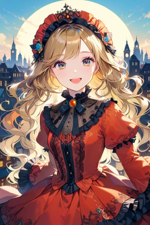 Very beautiful girl with a very ornated victorian red dress, masterpiece, illustration, extremely detailed, beautiful detailed eyes, beautiful detailed mouth, warmly smile, golden hair, (bright colors:1.4), city on background 