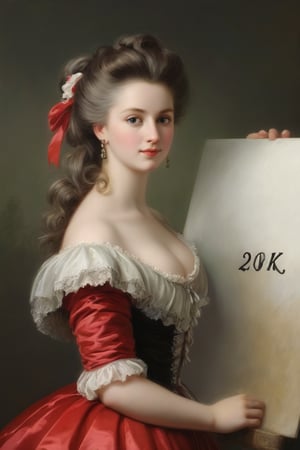 Very beautiful girl holding a white board with text "20K". Rococo oil paint, bright colors, text as ""