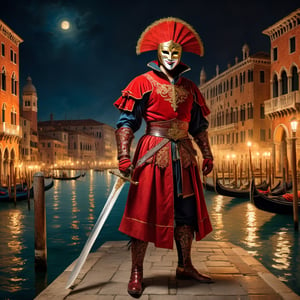 
A full body representation of a swordsman wearing a red Venetian mask, he wields a saber, dynamic pose, intricate, colorful, fine facial details, Venice city by night on background, sharp focus, aged oil painting in the style of rembrandt