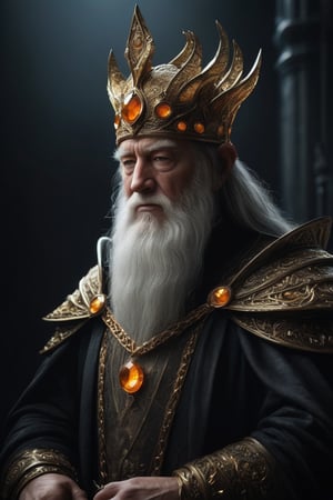 3D artwork, upper body shot of a caracter represesenting a mighty man. High elven hat shaped as a seashell, orange mantle, shining gold jewels and silver chains. (Majestic pose:1.4), (hieratic expression:1.6), emerging from the darkness in the style of Rembrandt. The caracter wears an orange large luxury suit. The character is illuminated from the side by a dark golden light. Vibrant colors. The background is a black gothic cathedral interior dimly lit by moonlight. UHD, high resolution, 8k.