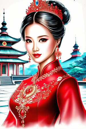 Dappled Light, photo portrait of a character, intricate (pencil sketch:1.5) of a vietnamese queen with the most sumptuous red wedding dress. Vietnamese royal palace background. Colorful, realistic eyes, dreamy magical atmosphere, cinematic light, side lighting