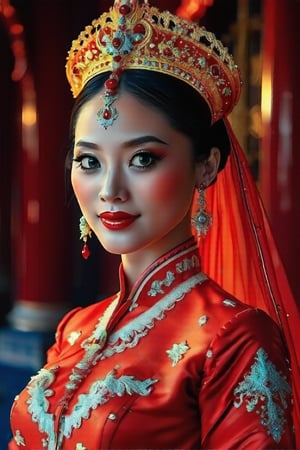 Dappled Light, portrait of a character, intricate (pencil sketch:1.5) of a vietnamese queen with the most sumptuous red wedding dress. Perfect eyes, perfect nose, perfect lips. Vietnamese royal palace background. Colorful, realistic eyes, dreamy magical atmosphere, cinematic light, side lighting, vivid color