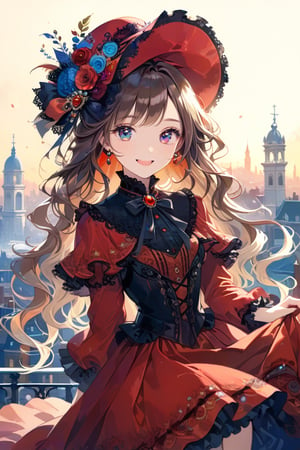 Very beautiful girl with a very ornated victorian silk red dress, sumptuous hat, masterpiece, illustration, extremely detailed, beautiful detailed eyes, beautiful detailed mouth, warmly smile, (bright colors:1.4), city on background 