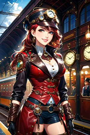 Very beautiful girl with a steampunk leather jacket, red waistcoat and hat, intricately detailed brass accessories. Masterpiece, illustration, extremely detailed, warmly smile, bright colors, dark light, railway station on background 