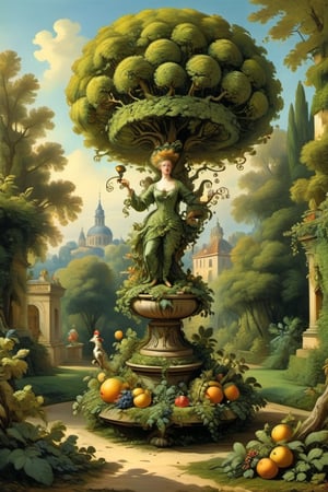 A mystical greenery garden, masterful whimsical topiary sculptures, baroque style vases, fruits, flowers, esotic birds, (multiple fantastic spirals of branches and leaves:1.9), dreamy atmosphere, golden vibes, romantic landscape. Masterpiece, rococo style, painted by Jean-Honoré Fragonard and Michael Cheval