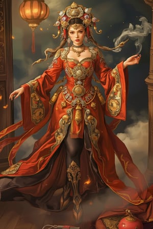 Full body shot of a character standing in majestic pose, hyper realistic representation of a fantasy chinese empress with the most sumptuous wedding hanfu dress made of red silk and richly embroidered with gold and silver threads, (wide sleeves:1.2), intricately carved golden badges and tassels, golden line, fire and flame and clouds of smoke. Art by Yoshitaka Amano, Zhong Fenghua, stunning interpretive visual, colorful, dreamy magical atmosphere, (film grain), (warm hue, warm tone), cinematic light, side lightings, Midjourneyart, zhongfenghuaStyle