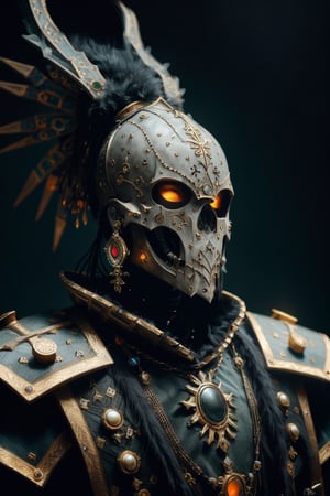 Three-quarter portrait, venetian carnival multicolored stempunk cyborg, black eyes, bone surfaced armor, backlit, intricate details, highly detailed, slate atmosphere, cinematic, dimmed colors, dark shot, muted colors, film grain, lut, spooky, depth blur, blurry background dof, bokeh, 3d style,DonM0ccul7Ru57