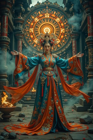 Full body shot, bottom view of a character standing in cinematic pose, open arms, representation of a (very tall:1.4) fantasy chinese goddess with the most sumptuous long wedding hanfu dress that completely covers the feet and is made of blue, and orange silk and richly (embroidered:1.2) with gold and silver threads, (wide sleeves:1.2), intricately carved golden (badges and tassels:1.2), golden crown, dark gothic temple background with a huge mandala (carved into the rock) on which are magical luminous symbols. Fire and flame and clouds of smoke. Oil painted by Greg Rutkowski. Stunning interpretive visual, gothic regal, colorful, realistic eyes, dreamy magical atmosphere, cinematic light, side lightings, Midjourneyart, Midjourney_Whisper