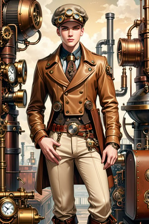 Industrial steampunk mechanic boy, perfectly detailed face, (cap:0.8), steampunk beige leather double-breasted jacket, beige tweed fabric puffed trousers, (leather laced boots:0.8), intricately detailed brass accessories. Masterpiece, illustration, extremely detailed, industrial background