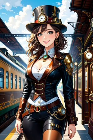 Very beautiful girl, black eyes and hair, with a steampunk leather jacket, waistcoat and hat, intricately detailed brass accessories. Masterpiece, illustration, extremely detailed, warmly smile, bright colors, railway station on background 