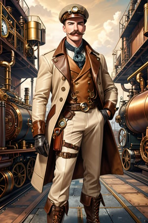 Industrial steampunk mechanic man, perfectly detailed face, moustache,  (cap:0.8), steampunk beige leather double-breasted jacket, beige tweed fabric puffed trousers, (leather laced boots:0.8), intricately detailed brass accessories. Masterpiece, illustration, extremely detailed, cinematic pose, industrial background