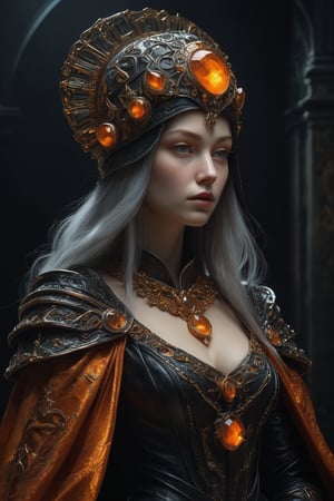 3D artwork, upper body shot represesenting a mighty female young caracter. High elven hat shaped as an orange seashell, mantle, shining gold jewels and silver chains. (Majestic pose:1.4), (hieratic expression:1.6), emerging from the darkness in the style of Rembrandt. The caracter wears a black and orange large luxury dress. The character is illuminated from the side by a dark golden light. Marine vibes. Vibrant colors. The background is a black gothic cathedral interior dimly lit by moonlight. UHD, high resolution, 8k.