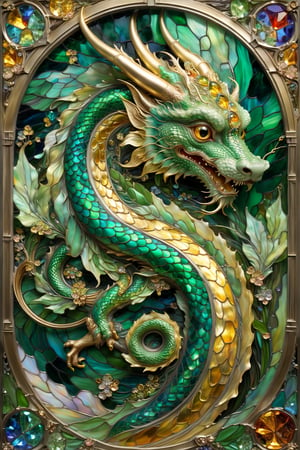 Green and gold chinese Lung dragon, magical fantasy art is done in oil paint and liquid chrome, liquid rainbow, best quality,  fairytale, patchwork, (stained glass:1.2), storybook detailed illustration, cinematic, ultra highly detailed, tiny details, beautiful details, mystical, luminism, vibrant colors, complex background, resolution hyperdetailed intricate liminal eerie precisionism, intricate background, (dark luminescent:1.2) art by Alphonse Mucha, Kinuko Y Craft, Alan Lee, crystalz