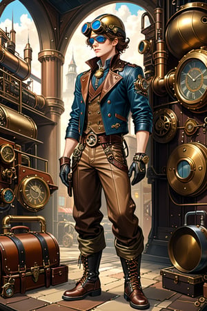 Very skilled industrial mechanic boy, with a steampunk leather double-breasted jacket, leather helmet and goggles, beige tweed fabric puffed trousers, leather laced boots, intricately detailed brass accessories. Masterpiece, illustration, extremely detailed, industrial background