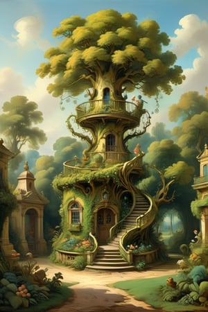 A mystical greenery garden with a treehouse in the center, masterful whimsical topiary sculptures, baroque style vases, flowers, esotic birds, (multiple fantastic spirals of branches and leaves:1.9), dreamy atmosphere, golden vibes, romantic landscape. Masterpiece, rococo style, painted by Jean-Honoré Fragonard