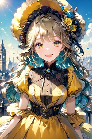 Very beautiful girl with a very ornated victorian bright yellow dress, sumptuous hat, masterpiece, illustration, extremely detailed, beautiful detailed eyes, beautiful detailed mouth, warmly smile, (bright colors:1.4), city on background 