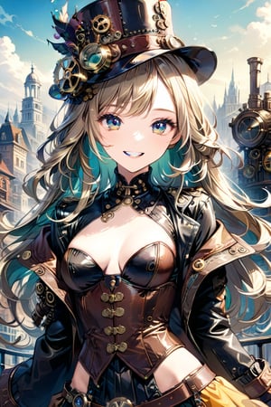 Very beautiful girl with a steampunk leather jacket, corset and hat, brass accessories. Masterpiece, illustration, extremely detailed, beautiful detailed eyes, beautiful detailed mouth, warmly smile, bright colors, city on background 