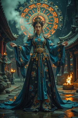 Shot from below full body shot of a character standing in cinematic pose, slim body, celestial beautiful face, representation of a (very tall:1.4) fantasy chinese goddess with the most sumptuous long wedding hanfu dress that completely covers the feet and is made of blue, and  black silk and richly (embroidered:1.2) with gold and silver threads, (wide sleeves:1.2), intricately carved golden (badges and tassels:1.2), golden crown, dark gothic temple background with a huge mandala (carved into the rock) on which magical luminous symbols burn. Fire and flame and clouds of smoke. Oil painted by Greg Rutkowski. Stunning interpretive visual, gothic regal, colorful, realistic eyes, dreamy magical atmosphere, cinematic light, side lightings, Midjourneyart, Midjourney_Whisper