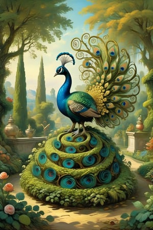 A mystical greenery garden, masterful whimsical topiary sculptures, flowers, a majestic awesome peacock at the center of the scene. (Multiple fantastic spirals of branches and leaves:1.9) on background. Dreamy atmosphere, golden vibes, romantic landscape. Masterpiece, rococo style, painted by Jean-Honoré Fragonard and Michael Cheval