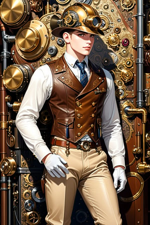 Very skilled industrial mechanic boy, with a steampunk leather double-breasted jacket, waistcoat and leather helmet, beige tweed trousers, intricately detailed brass accessories. Masterpiece, illustration, extremely detailed, industrial deep background 