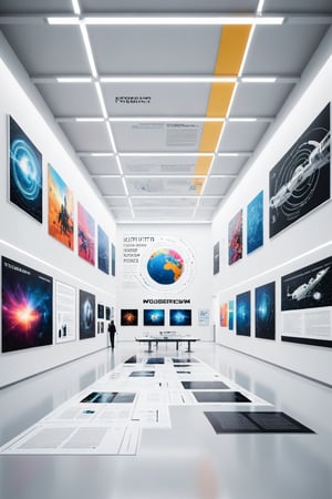 Wide view of a futuristic museal room with some artworks representing graphics and concept maps with text displayed on the white walls. Futuristic museum. Bright colors, close shot. ,dvr-txt,artint