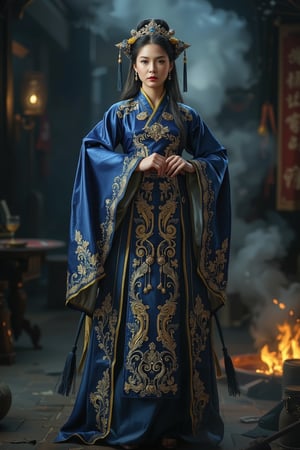 Full body shot of a character standing in majestic pose, representation of a (very tall:1.3) fantasy chinese empress with the most sumptuous wedding hanfu dress made of (blue) silk and richly (embroidered:1.2) with gold and silver threads, (wide sleeves:1.2), intricately carved golden badges and tassels, golden line, dark gothic background, fire and flame and clouds of smoke. Art by Yoshitaka Amano, Zhong Fenghua, stunning interpretive visual, gothic regal, colorful, realistic eyes, dreamy magical atmosphere, cinematic light, side lightings, Midjourneyart