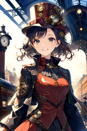 Very beautiful girl with a steampunk leather jacket, red waistcoat and hat, intricately detailed brass accessories. Masterpiece, illustration, extremely detailed, beautiful detailed eyes, beautiful detailed mouth, warmly smile, bright colors, dark light, railway station on background 