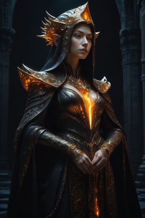 3D artwork, upper body shot represesenting a mighty female young caracter. High elven hat shaped as an orange seashell, mantle, shining gold jewels and silver chains. (Majestic pose:1.4), (hieratic expression:1.6), emerging from the darkness in the style of Rembrandt. The caracter wears a black and yellow large luxury dress. The character is illuminated from the side by a dark golden light. Marine vibes. Vibrant colors. The background is a black gothic cathedral interior dimly lit by moonlight. UHD, high resolution, 8k.