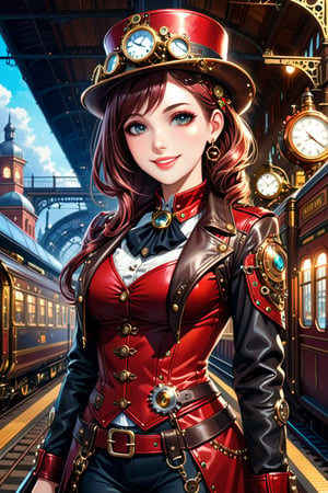 Very beautiful girl with a steampunk leather jacket, red waistcoat and hat, intricately detailed brass accessories. Masterpiece, illustration, extremely detailed, beautiful detailed eyes, beautiful detailed mouth, warmly smile, bright colors, dark light, railway station on background 