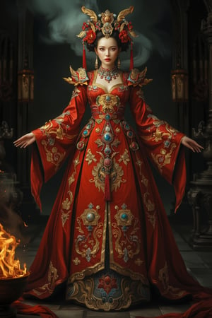 Full body shot of a character standing in majestic pose, representation of a very tall fantasy chinese empress with the most sumptuous wedding hanfu dress made of (red:1.4) silk and richly embroidered with gold and silver threads, (wide sleeves:1.2), intricately carved golden badges and tassels, golden line, dark gothic cathedral background, fire and flame and clouds of smoke. Art by Yoshitaka Amano, Zhong Fenghua, stunning interpretive visual, gothic regal, colorful, realistic eyes, dreamy magical atmosphere, (film grain), (warm hue, warm tone), cinematic light, side lightings, Midjourneyart, zhongfenghuaStyle, Midjourney_Whisper