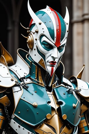 3D artwork masterpiece, upper body of a caracter represesenting a mighty style harlequin eldar male robot with a high surreal white mask, (surrealistic big stylized full metal helm that resembles the shape of a jester's hat), mantle, bolts and iron chains. (Majestic pose:1.4), (hieratic expression:1.6), emerging from the darkness in the style of Caravaggio. (Red), teal, (yellow), white forming perfect stripes ornamental patterns on a (rusted:0.8) armor. Matte surfaces. Side light, UHD, high resolution, 8k, black gothic cathedral interior background, warm golden light 