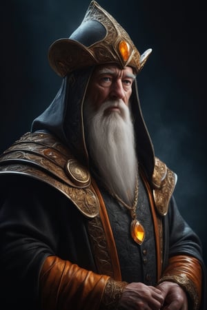 3D artwork, upper body shot of a caracter represesenting a mighty man. High elven hat shaped as a seashell, orange mantle, shining gold jewels and silver chains. (Majestic pose:1.4), (hieratic expression:1.6), emerging from the darkness in the style of Rembrandt. The caracter wears an orange large luxury suit. The character is illuminated from the side by a dark golden light. Vibrant colors. The background is a black gothic cathedral interior dimly lit by moonlight. UHD, high resolution, 8k.