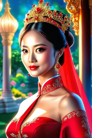 Dappled Light, photo portrait of a character, intricate (pencil sketch:1.5) of a vietnamese queen with the most sumptuous red wedding dress. Vietnamese royal palace background. Colorful, realistic eyes, dreamy magical atmosphere, cinematic light, side lighting