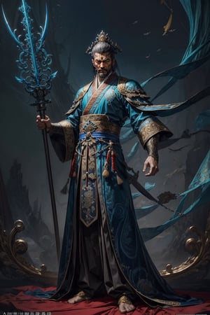 Full body shot of a character standing in majestic pose, realistic representation of a fantasy chinese emperor, with the most sumptuous wedding hanfu suit made of dark blue silk and richly embroidered with gold and silver threads, intricately carved golden badges and tassels. Under the sea background, magic circles. Art by Yoshitaka Amano, Huang Guangjian, Zhong Fenghua, stunning interpretive visual, gothic regal, colorful, realistic eyes, dreamy magical atmosphere, (film grain), (warm hue, warm tone), cinematic light, side lightings,zhongfenghua,gu,weapon