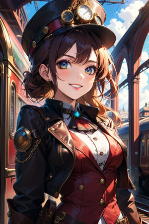 Very beautiful girl with a steampunk leather jacket, red waistcoat and hat, intricately detailed brass accessories. Masterpiece, illustration, extremely detailed, beautiful detailed eyes, beautiful detailed mouth, warmly smile, bright colors, railway station on background, complex_background 