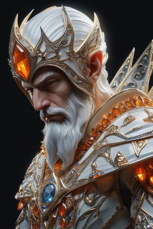 3D artwork, upper body shot of a caracter represesenting an harlequin mighty man. High elven hat shaped as a white seashell, orange mantle, shining gold jewels and silver chains. (Majestic pose:1.4), (hieratic expression:1.6), emerging from the darkness in the style of Rembrandt. The caracter wears a white and orange large luxury suit. The character is illuminated from the side by a dark golden light. Vibrant colors. The background is a black gothic cathedral interior dimly lit by moonlight. UHD, high resolution, 8k.