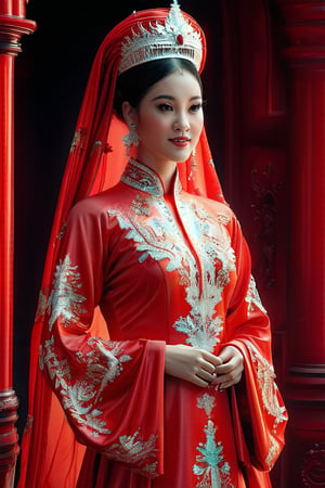 Dappled Light, portrait of a character, intricate (pencil sketch:1.5) of a vietnamese queen with the most sumptuous red wedding dress. Vietnamese royal palace background. Colorful, realistic eyes, dreamy magical atmosphere, cinematic light, side lighting, vivid color