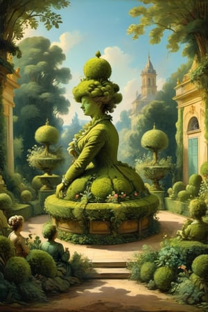 A mystical greenery french garden, masterful fantastic and whimsical topiary sculptures, dreamy atmosphere, golden vibes, romantic landscape. Masterpiece, rococo style, painted by Jean-Honoré Fragonard