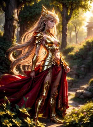 A saint seiya armored girl by Luis Royo, intricately ornated golden armor over a red dress, (small breast), shiny gold, richly jeweled, greenery forest background, bright rainbow colored flowers