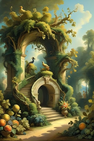 A mystical greenery garden, masterful whimsical topiary sculptures, baroque style vases, fruits, flowers, esotic birds, (multiple fantastic spirals of branches and leaves:1.9), dreamy atmosphere, golden vibes, romantic landscape. Masterpiece, rococo style, painted by Jean-Honoré Fragonard and Daniel Merriam