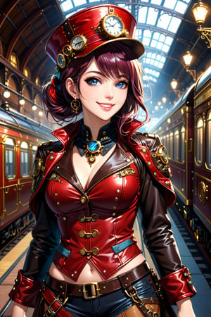 Very beautiful girl with a steampunk leather jacket, red waistcoat and hat, intricately detailed brass accessories. Masterpiece, illustration, extremely detailed, warmly smile, bright colors, dark light, railway station on background 