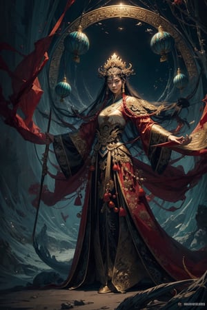 Full body shot of a character standing in majestic pose, realistic representation of a fantasy chinese empress, with the most sumptuous wedding hanfu dress made of white silk and richly embroidered with gold and silver threads, intricately carved golden badges and tassels. Under the sea background, magic circles. Art by Yoshitaka Amano, Huang Guangjian, Zhong Fenghua, stunning interpretive visual, gothic regal, colorful, realistic eyes, dreamy magical atmosphere, (film grain), (warm hue, warm tone), cinematic light, side lightings,zhongfenghua,gu,weapon