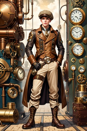 Industrial steampunk mechanic boy, perfectly detailed face, (hat:0.8), steampunk beige leather double-breasted jacket, beige tweed fabric puffed trousers, (leather laced boots:0.8), intricately detailed brass accessories. Masterpiece, illustration, extremely detailed, industrial background