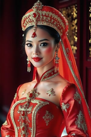 Dappled Light, portrait of a character, intricate (pencil sketch:1.5) of a vietnamese queen with the most sumptuous red wedding dress. Perfect eyes, perfect nose, perfect lips. Vietnamese royal palace background. Colorful, realistic eyes, dreamy magical atmosphere, cinematic light, side lighting, vivid color