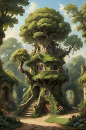 A mystical greenery garden with a treehouse in the center, masterful whimsical topiary sculptures, baroque style vases, flowers, esotic birds, (multiple fantastic spirals of branches and leaves:1.9), dreamy atmosphere, golden vibes, romantic landscape. Masterpiece, rococo style, painted by Francois Boucher and Jean-Honoré Fragonard