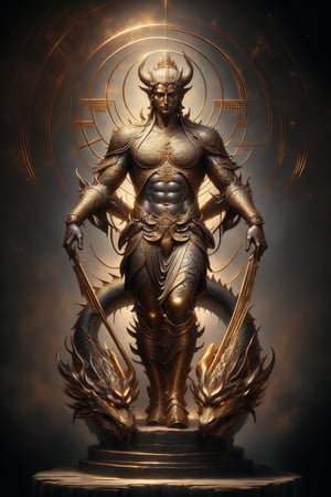 1 chinese full body God with dragon hyperdetailed black bronze sculpture, perfect face, cinematic pose, (masterful:1.3), in the ancient style of the best chinese art, detailed and intricate, golden line, complex background, golden intricately detailed background, black color,bg_imgs,dragon,DonM0ccul7Ru57